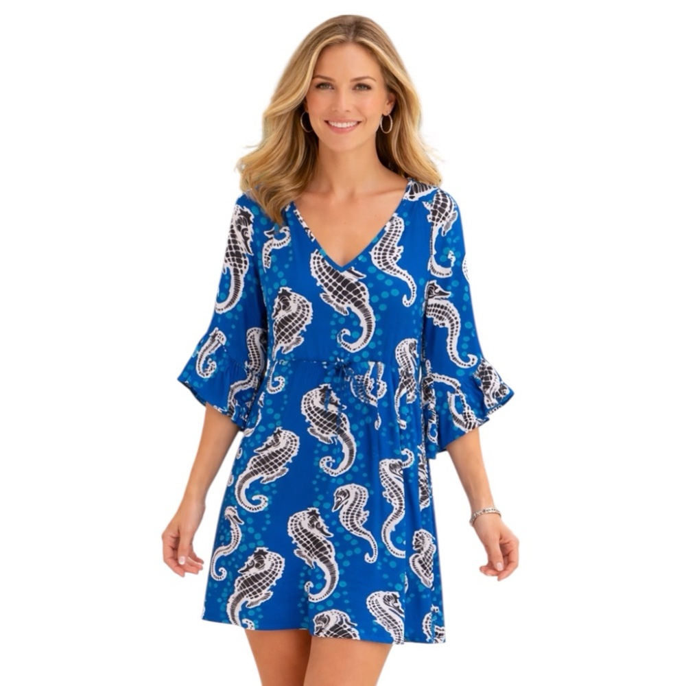 Tracy Negoshian XS Cobalt Blue Seahorse Dress V-Neck Bell Sleeve Tunic Resort
Z